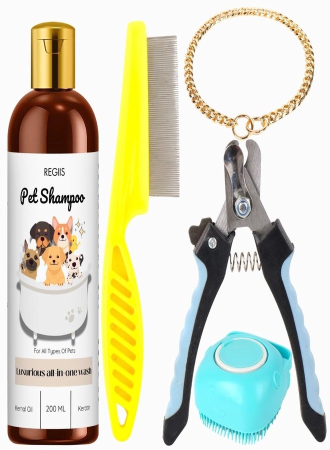 REGIIS Pet Grooming Kit, Dog Shampoo Set with Nail Clippers, Flea Comb, Silicone Brush, 200ml Luxurious All-in-One Wash for All Types of Pets(5 Pack)